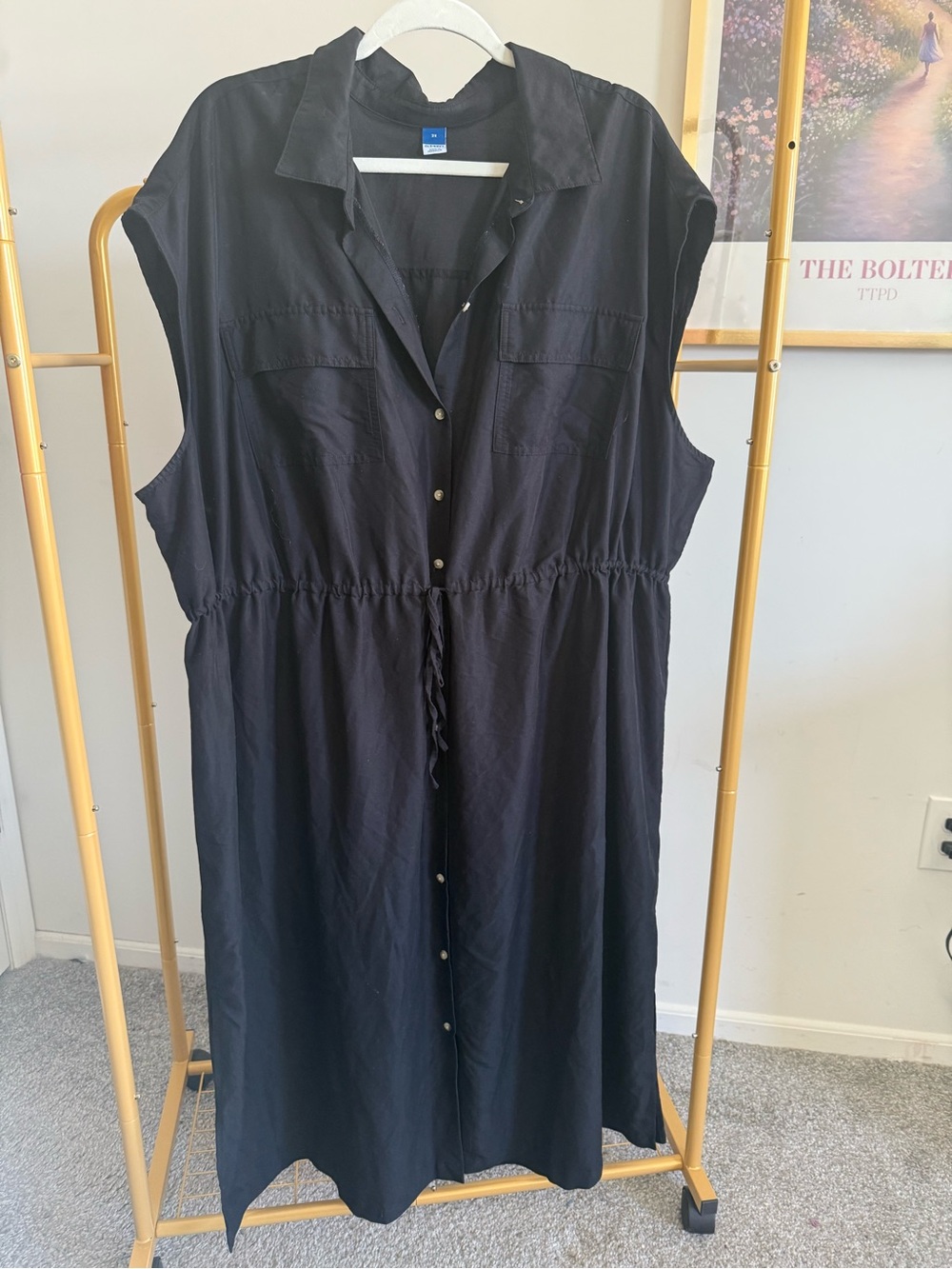 Sleeveless Black Button-Front Shirt Dress with Drawstring Waist
